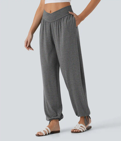 Crossover High Waisted Pocket Drawstring Casual Joggers