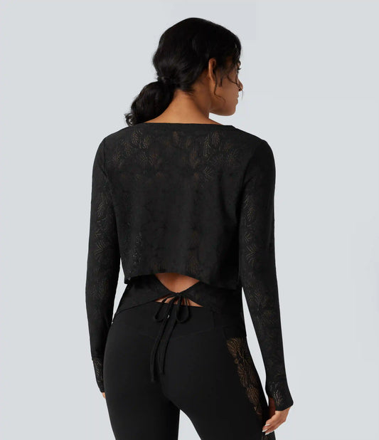 Round Neck Long Sleeve Thumb Holes Tie Back Yoga Lace Sports Top