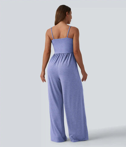Adjustable Straps Ruched Wide Leg Heathered Casual Jumpsuit with Pockets-Easy Peezy