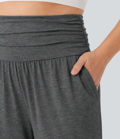 Plus Size High Waisted Ruched Heathered Yoga Joggers with Pockets