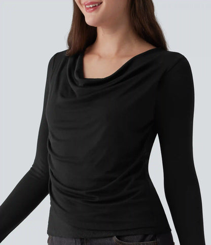 Ribbed Knit Cowl Neck Long Sleeve Contrast Lace Casual Top