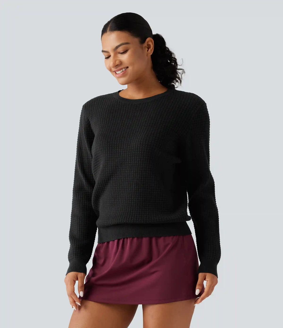 Round Neck Long Sleeve Waffle Casual Sweater