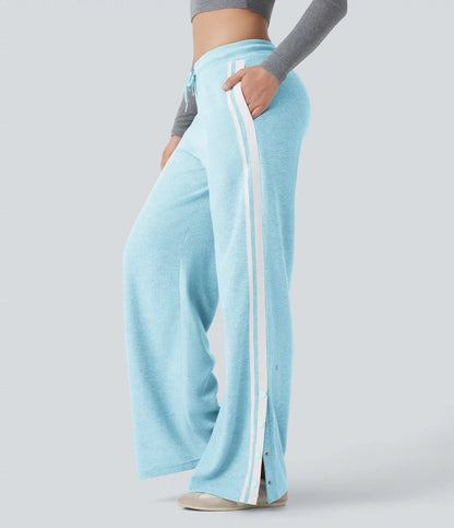 Low Rise Drawstring Color Block Snap Waffle Casual Wide Leg Pants with Pockets