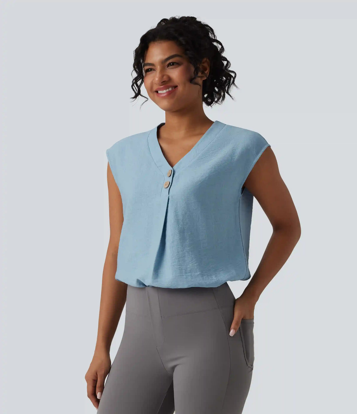 V Neck Cap Sleeve Decorative Work Blouse