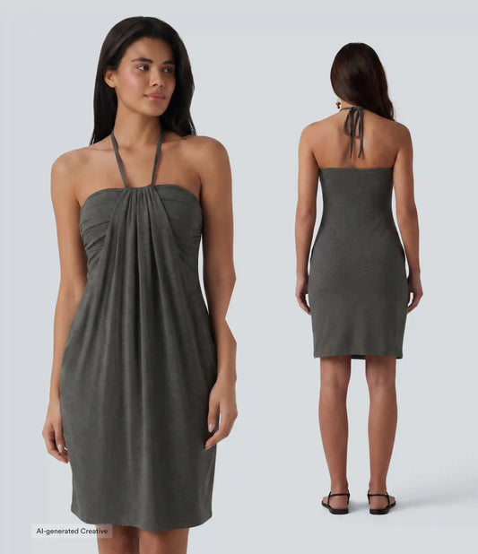 Halter Tie Back Built-in Bra Longer Mini Dress with Pockets