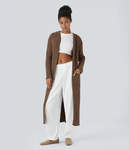 Hooded Long Sleeve Pocket Longline Casual Cardigan