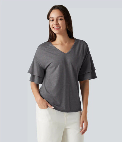 V-neck Flounce Sleeve Casual Top