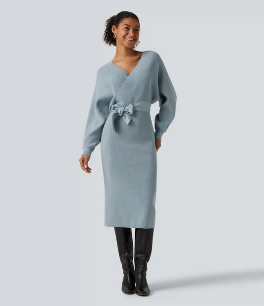 Crossover V Neck Batwing Long Sleeve Belted Midi Casual Sweater Dress