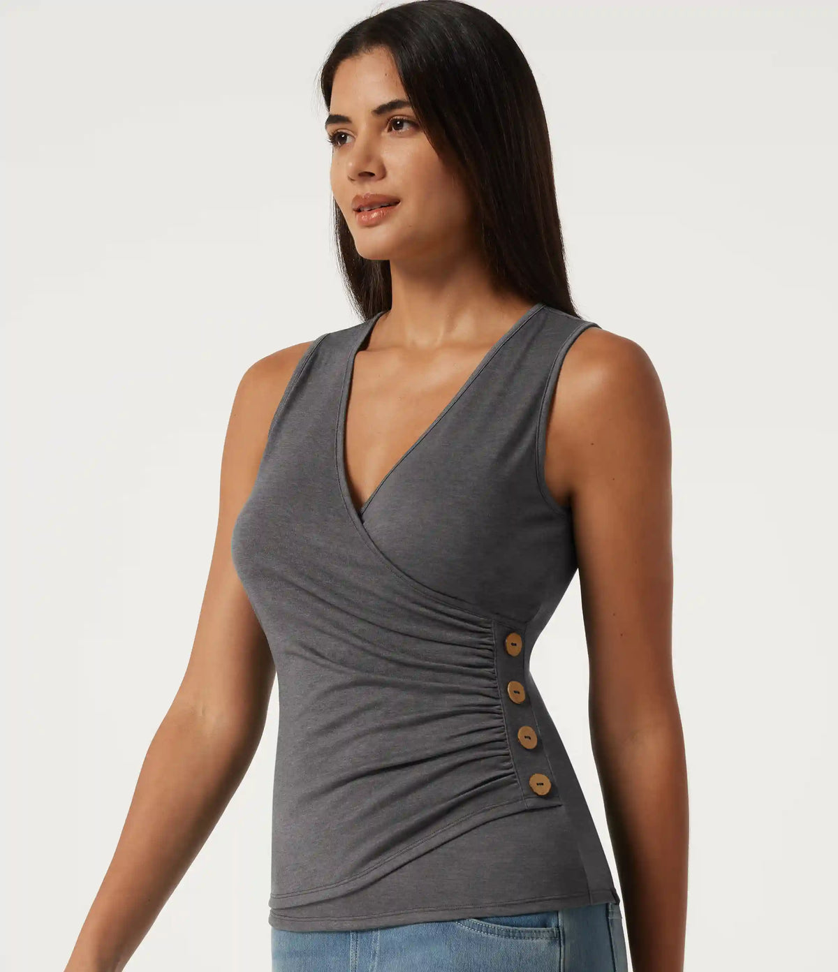 V Neck Ruched Asymmetric Heathered Casual Tank Top