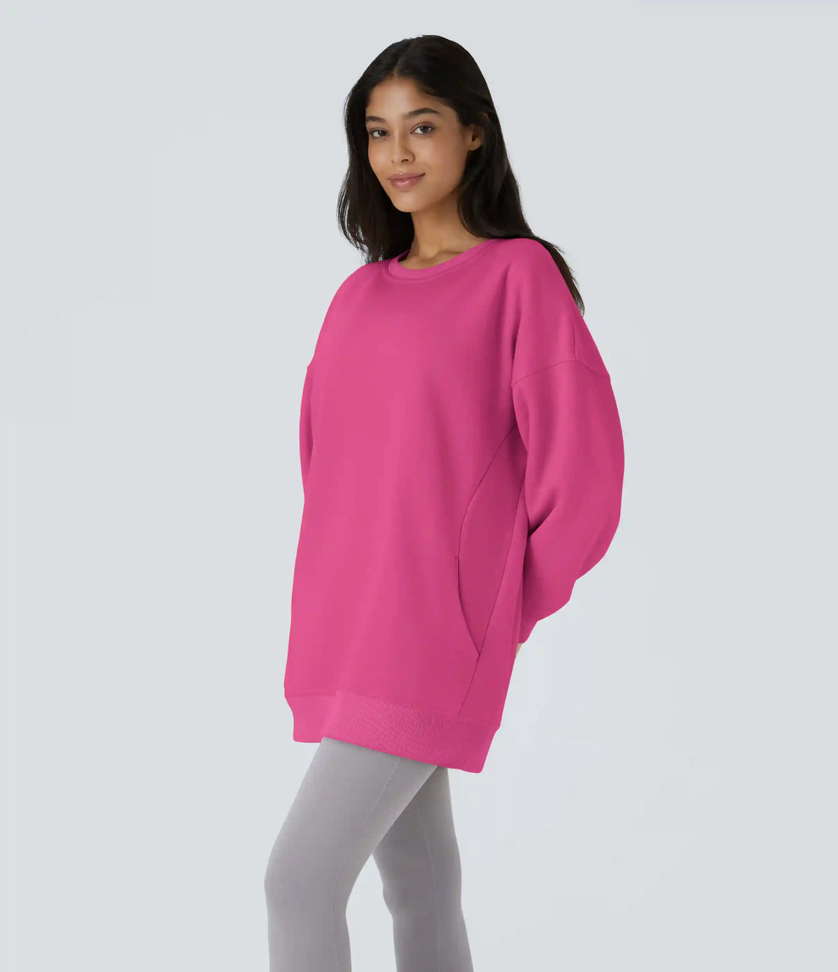 Round Neck Long Sleeve Pocket Oversize Fleece Casual Sweatshirt