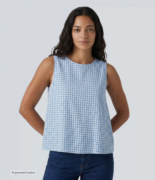 Round Neck Crinkle Gingham Casual Tank Top with Pockets