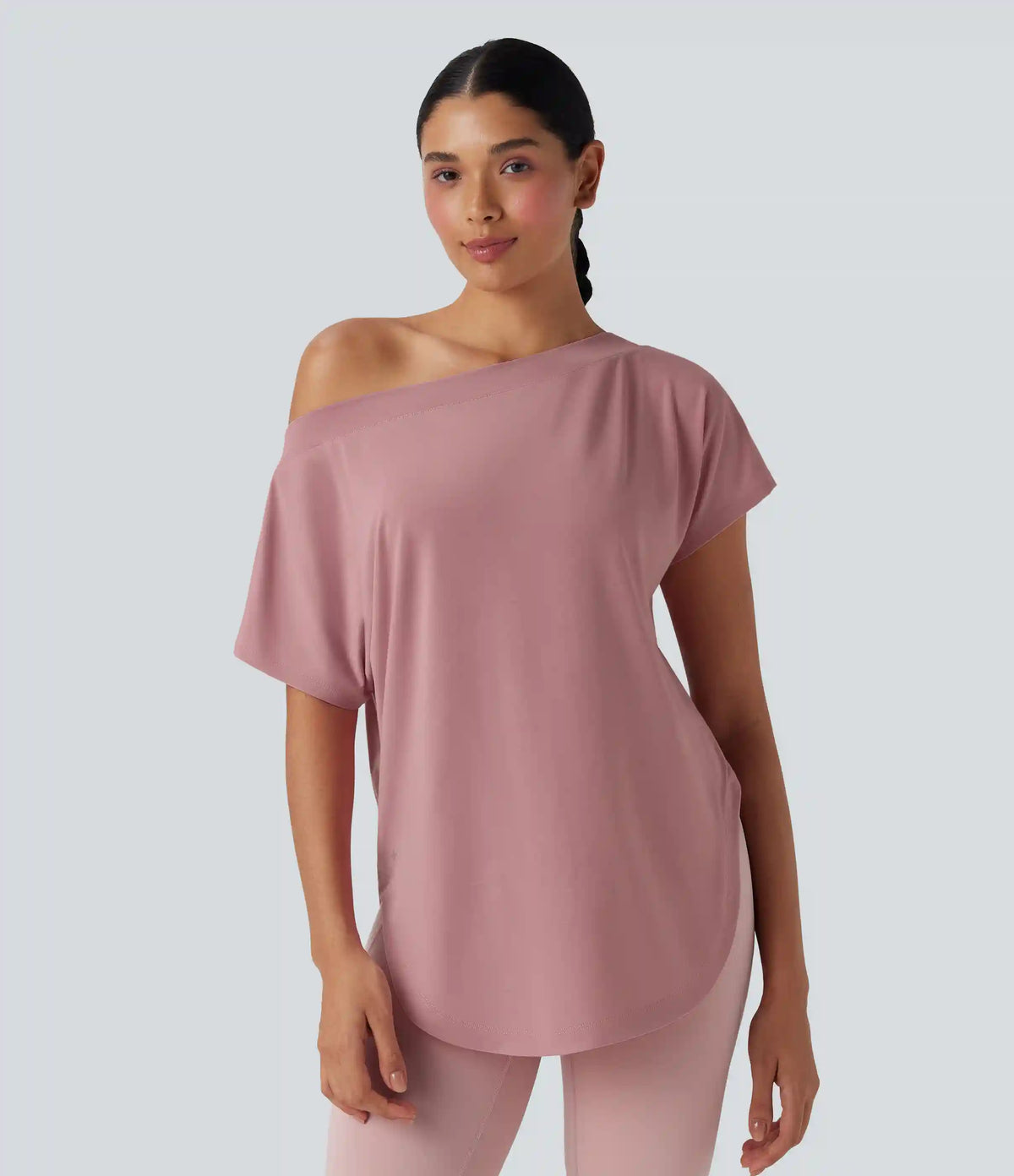 One Shoulder Short Sleeve Curved Hem High Low Quick Dry Yoga Sports Top