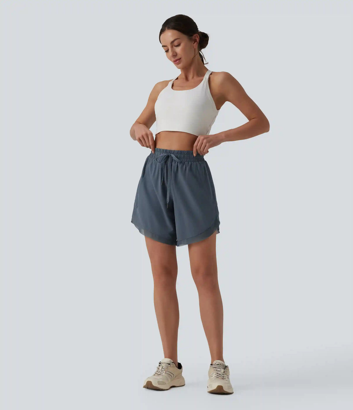 Mid Rise Drawstring Contrast Mesh 2-in-1 Flowy Yoga Shorts 7''