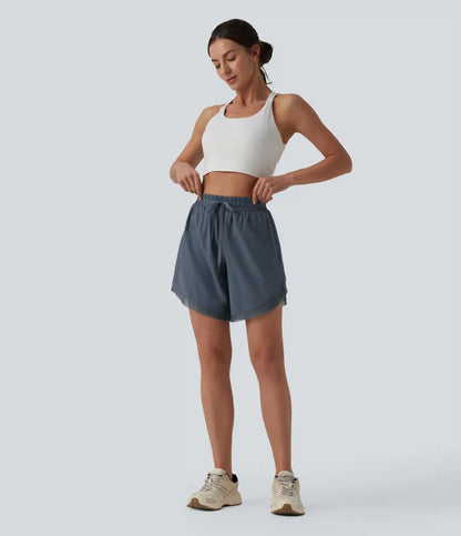 Mid Rise Drawstring Contrast Mesh 2-in-1 Flowy Yoga Shorts 7''