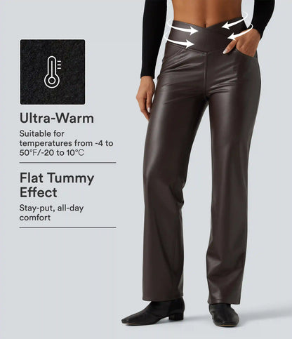 High Waisted Crossover Tummy Control Straight Leg Stretchy PU Fleece Casual Pants with Pockets