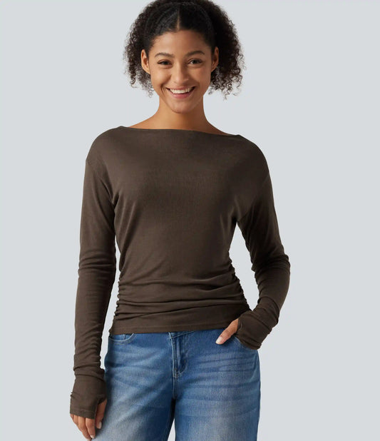 Boat Neck Long Sleeve Thumb Hole Ruched Casual Top