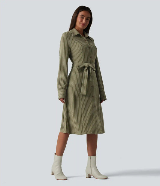 Ribbed Knit Long Sleeve Belted Midi Work Dress