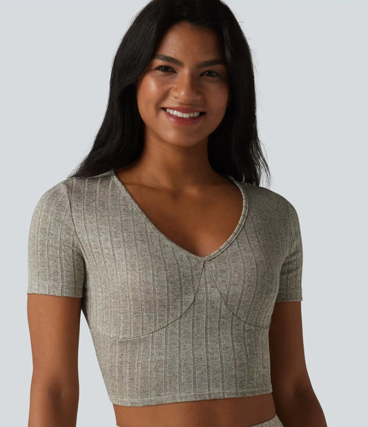 Ribbed Knit V Neck Short Sleeve Cropped Casual T-Shirt