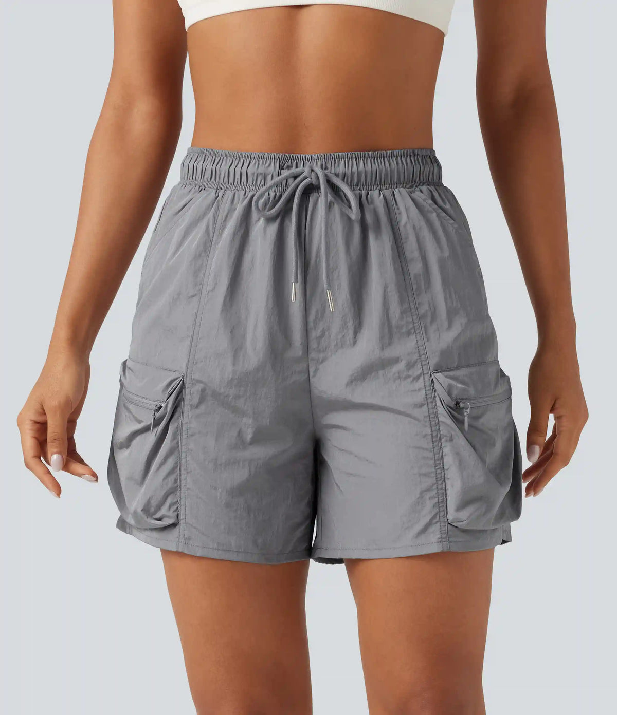 High Waisted Drawstring Workout Cargo Shorts with Pockets