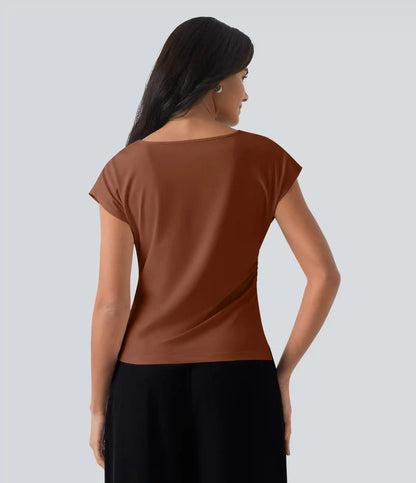 Asymmetric Cowl Neck Short Sleeve Ruched Split Hem Work Blouse
