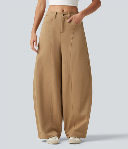 Mid Rise Casual Barrel Leg Pants with Pockets