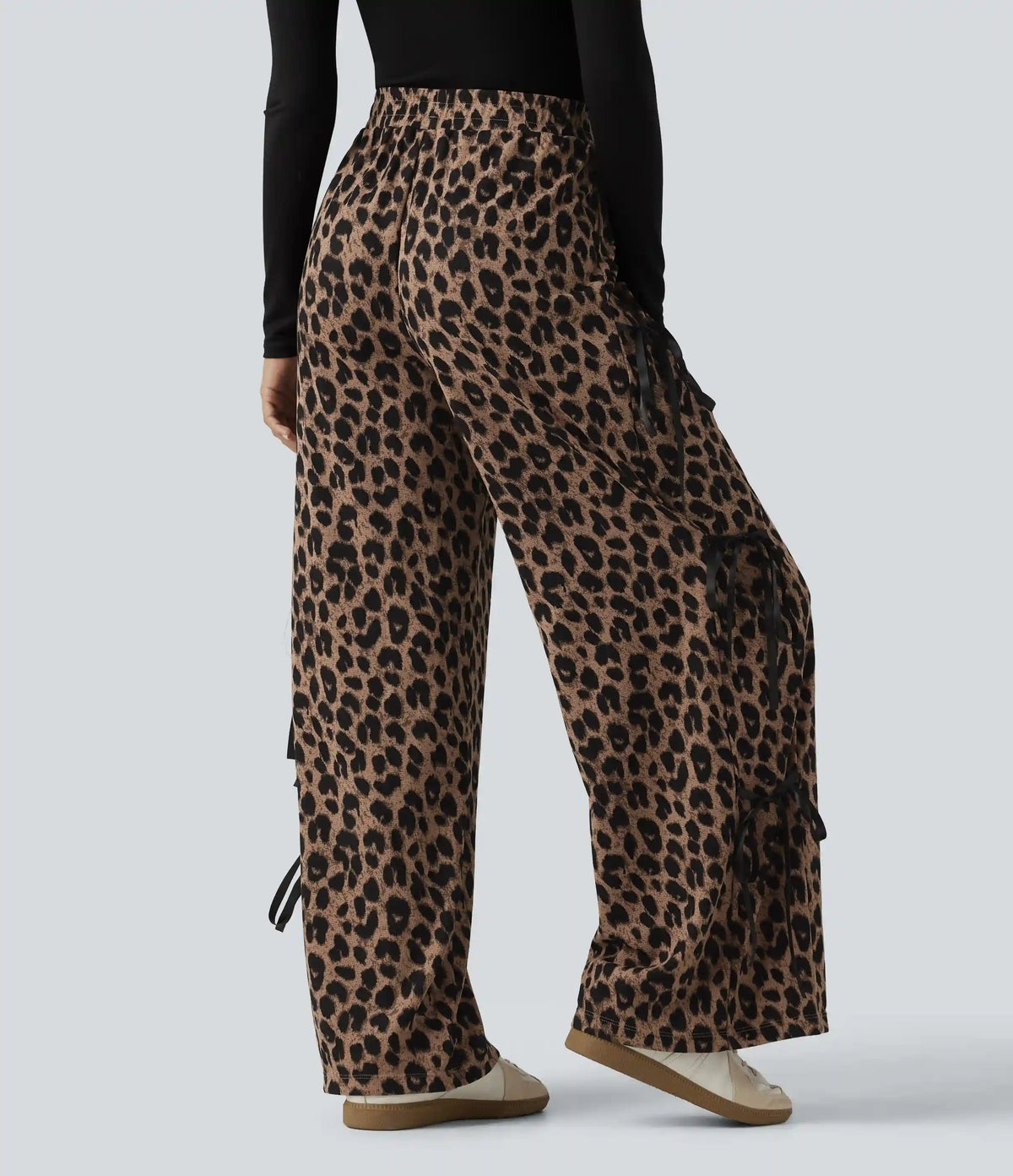 High Waisted Leopard Print Waffle Wide Leg Casual Pants with Pockets