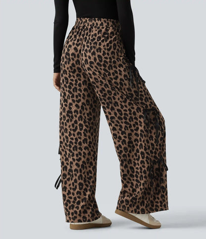 High Waisted Leopard Print Waffle Wide Leg Casual Pants with Pockets