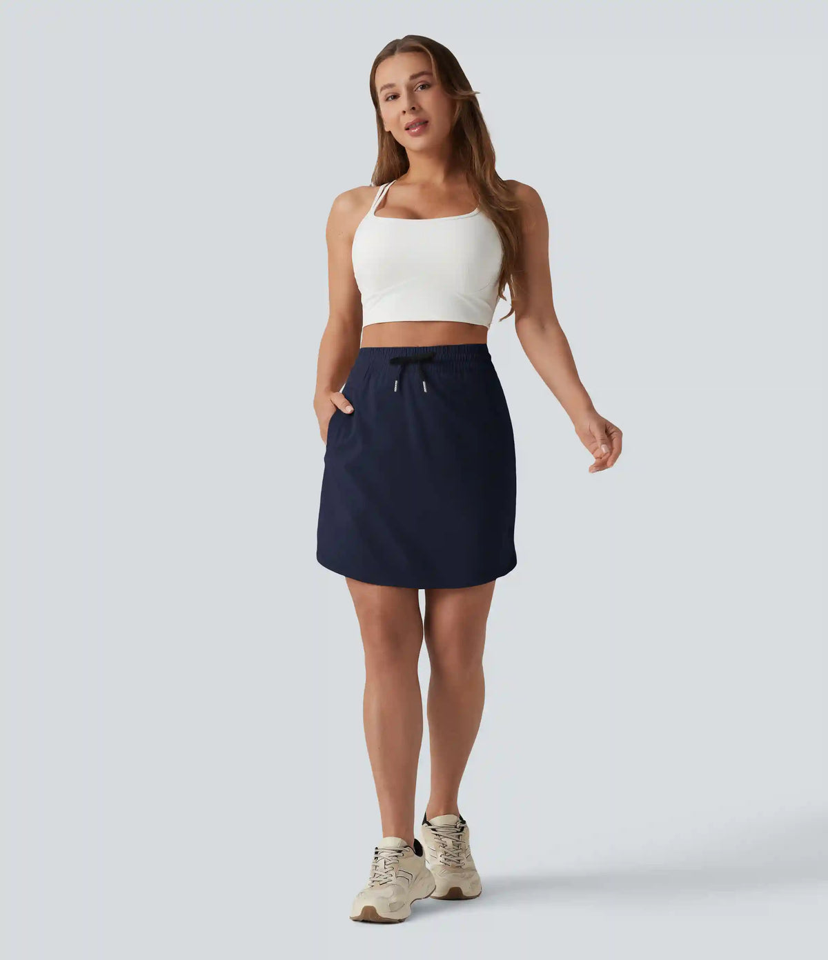 High Waisted Drawstring 2-in-1 Curved Hem Mini Golf Skirt with Pockets-Longer Length