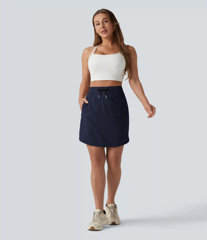 High Waisted Drawstring 2-in-1 Curved Hem Mini Golf Skirt with Pockets-Longer Length