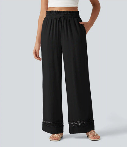 High Waisted Drawstring Casual Linen-Feel Pants with Pockets