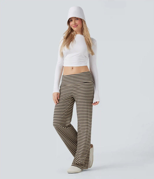 Foldover Low Rise Striped Casual Flare Trousers