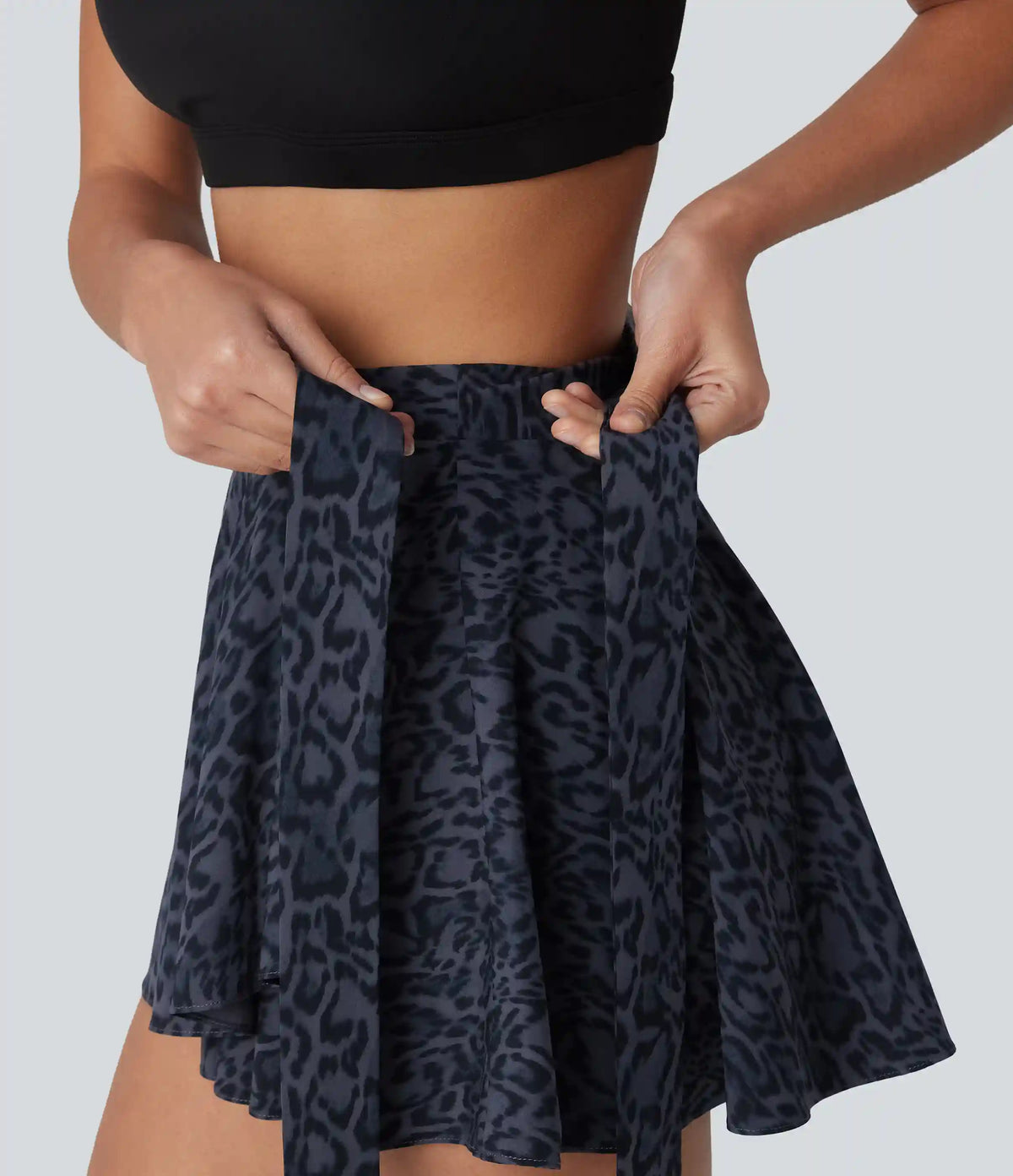 High Waisted Tie Side 2-in-1 Leopard Print Flowy Mini Tennis Skirt with Pocket