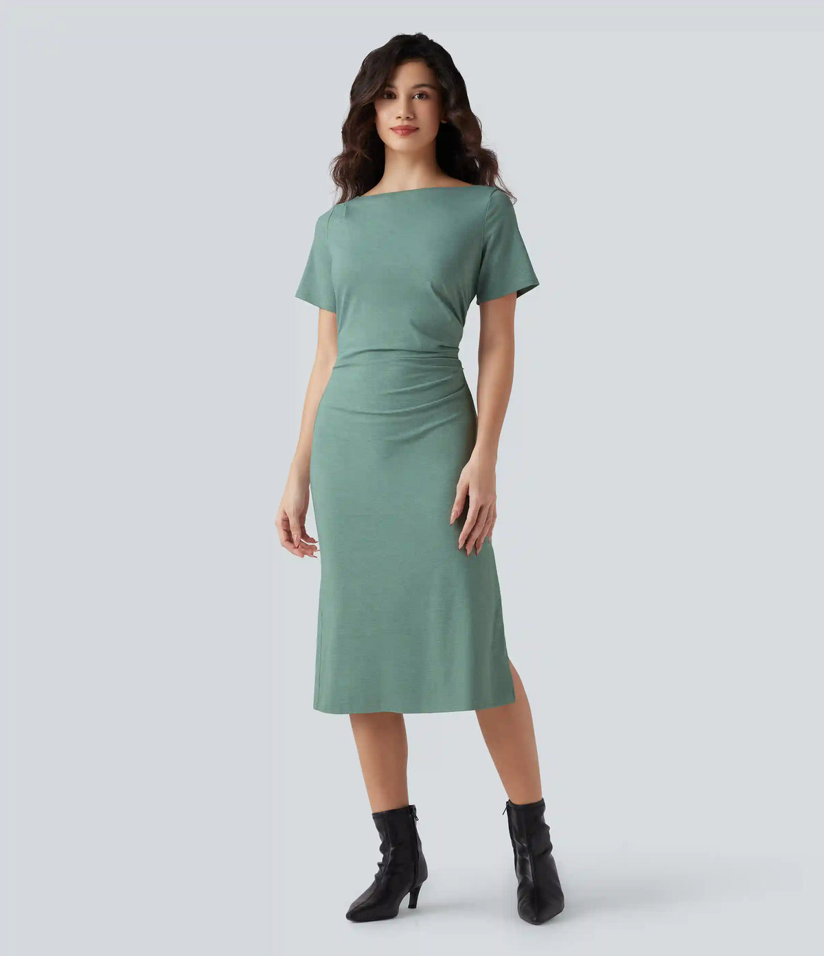Short Sleeve Ruched Bodycon Midi Work Dress