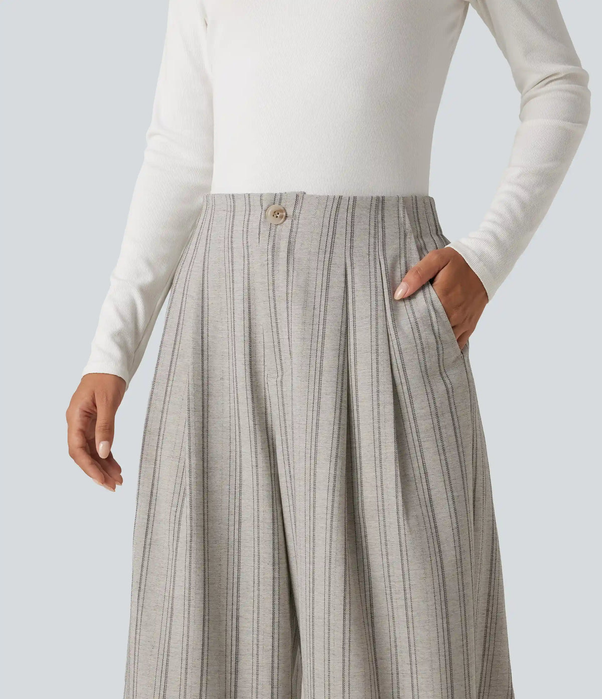 High Waisted Baggy Stripe Casual Linen-Feel Pants with Pockets