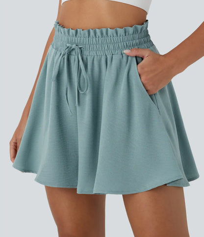 Paper Bag High Waist Drawstring Pocket Casual Linen-Feel Wide Leg Shorts