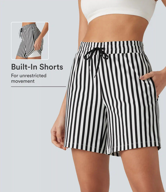 High Waisted Drawstring 2-in-1 Stripe Yoga Shorts 7'' with Pockets