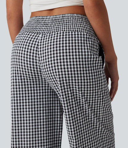 High Waisted Shirred Gingham Casual Baggy Pants with Pockets