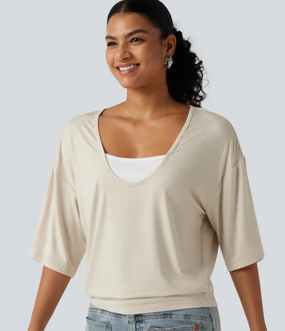 Scoop Neck Half Sleeve Color Block Casual Top