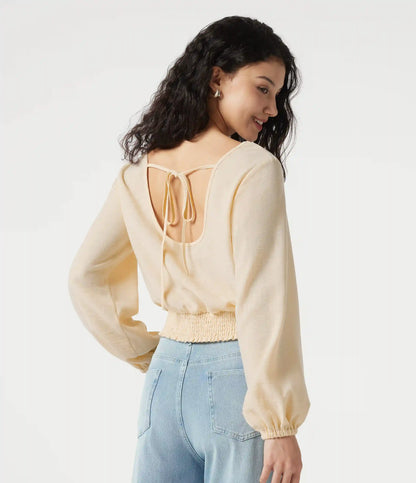 Square Neck Tie-back Bishop Sleeve Lace Panel Shirred Casual Linen-Feel Blouse