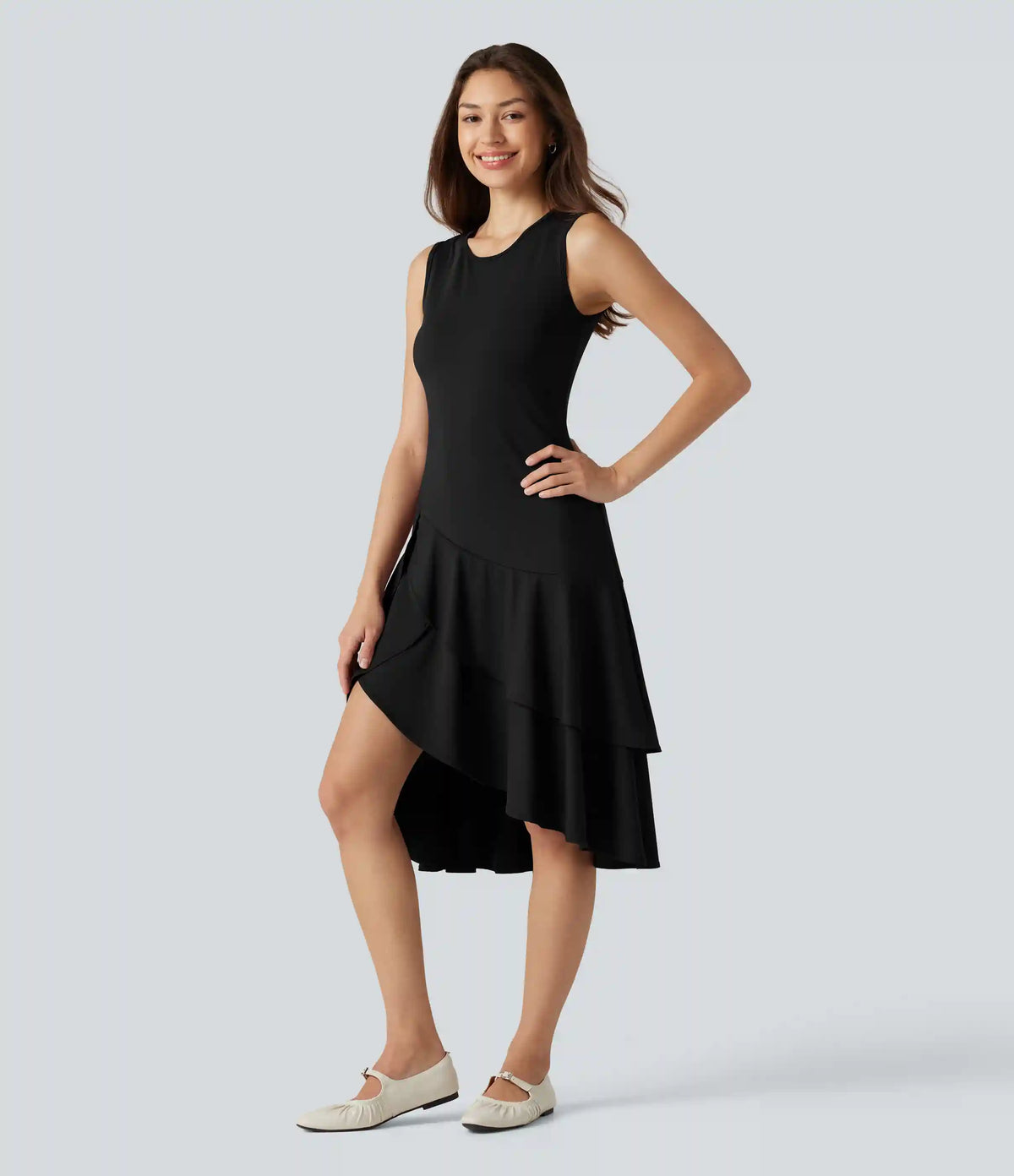 SoftlyZero™ Airy Round Neck Sleeveless Layered Ruffle Hem InstantCool Midi Casual Dress
