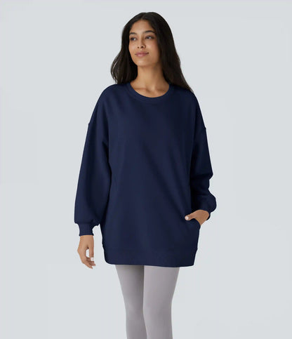 Round Neck Long Sleeve Pocket Oversize Fleece Casual Sweatshirt