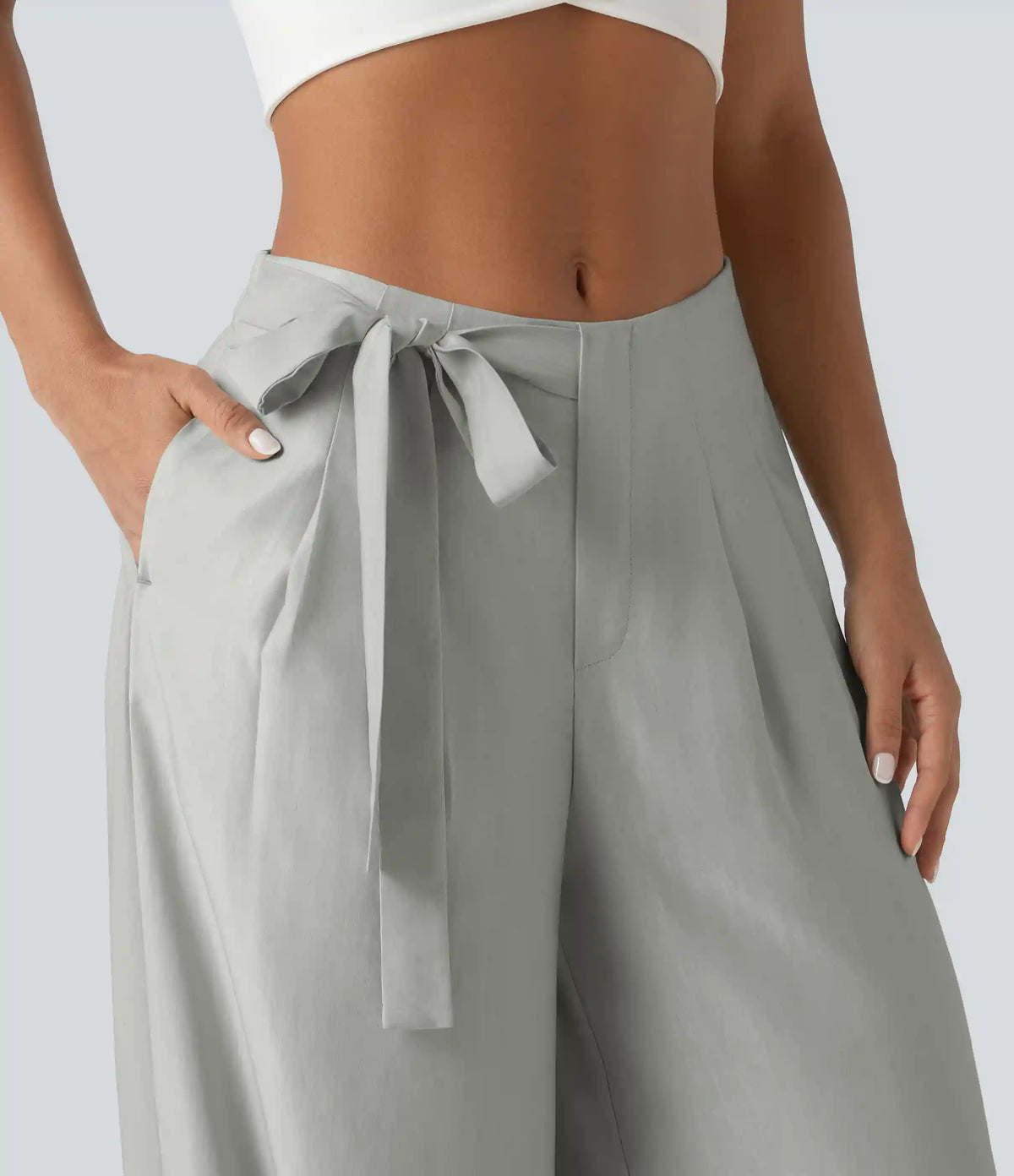 High Waisted Tie Side Baggy Linen-Blend Pants with Pockets