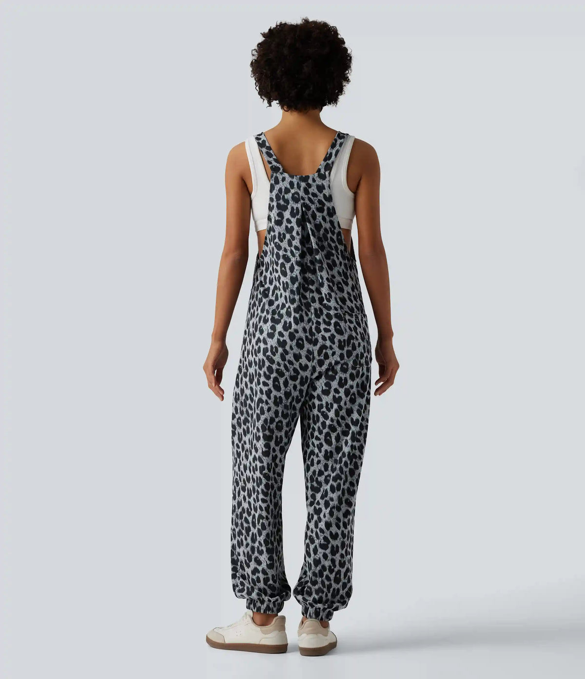 Adjustable Straps Leopard Print Waffle Casual Jogger Overalls with Pockets