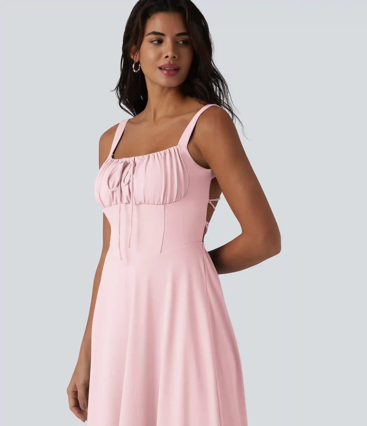 Crisscross Backless Square Neck Sleeveless Ruched Built-in Bra Midi Resort Flowy Milkmaid Dress