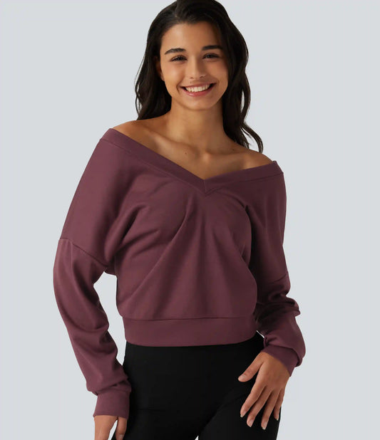 V Neck Long Sleeve Boxy Lounging Sweatshirt