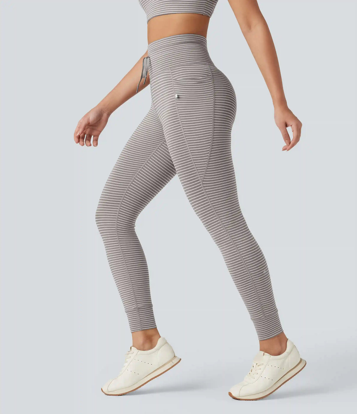 High Waisted Drawstring Striped Yoga Leggings with Pockets