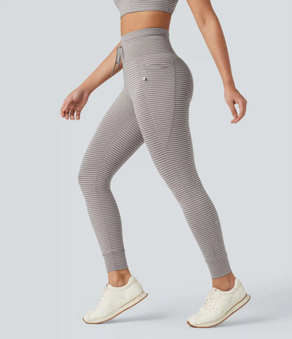 High Waisted Drawstring Striped Yoga Leggings with Pockets
