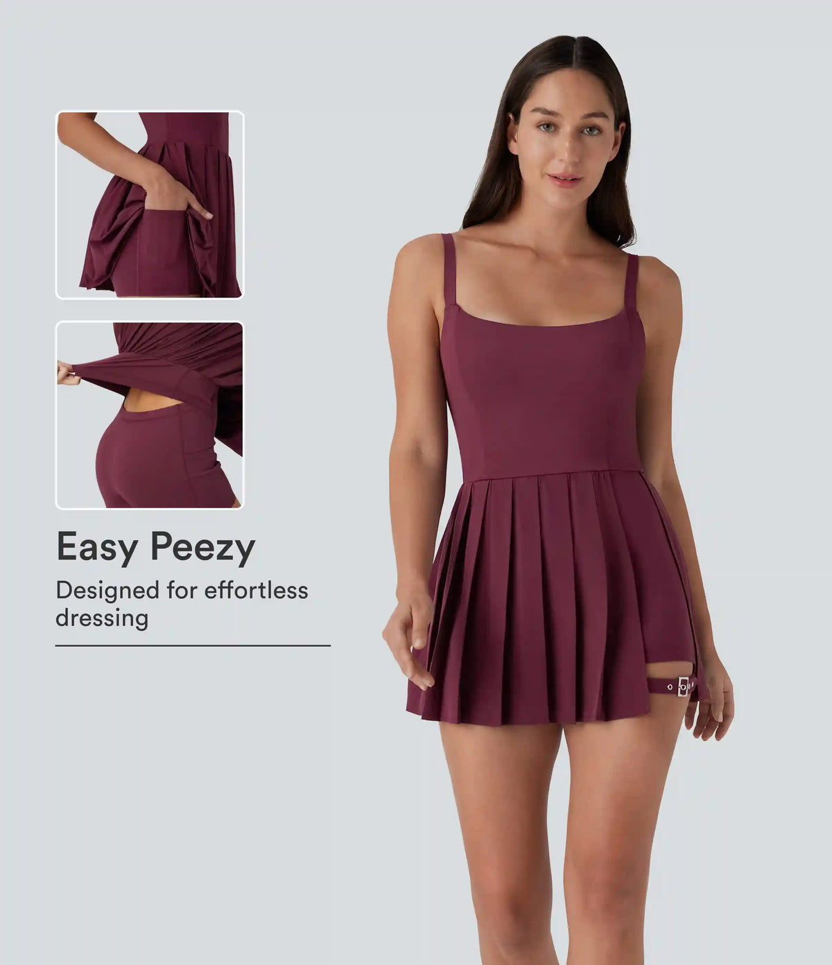 Breezeful™ Pleated Adjustable Buckle 2-in-1 Micro Mini Quick Dry Casual Slip Dress with Pocket-Easy Peezy