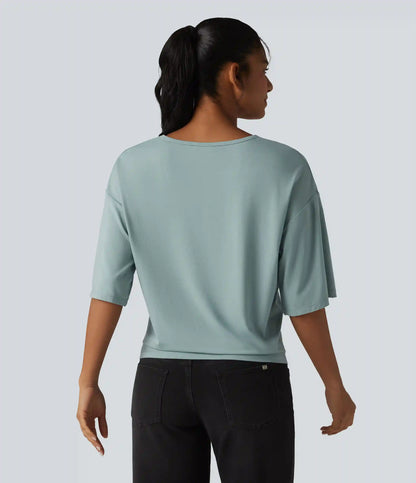 Scoop Neck Half Sleeve Color Block Casual Top