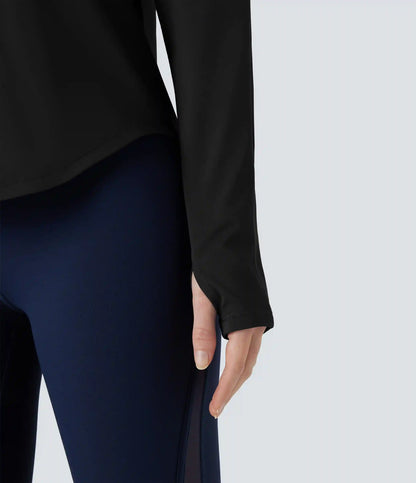 Round Neck Long Sleeve Thumb Hole Contrast Mesh Workout Sports Top